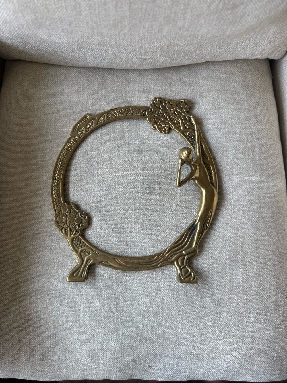 Brass Art Nouveau Round Frame with Female  Figure and Floral Motifs